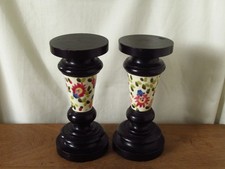 ANTIQUE PAIR OF ZSOLNAY FLORAL PORCELAIN WOODEN PEDESTAL CANDLE HOLDERS