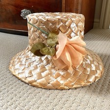 WHITELEY Hat Bucket Shape Plaited Rose Floral Trim Peach Wedding Garden Party