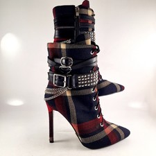 Sergio Todzi, High Heeled, Ankle Boots, Tartan with Chain Detail, Size UK4 EU37