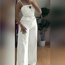 ChicMe Size L 12 White JUMPSUIT Big Bow Pearl Trim Occasion Party Wedding £70