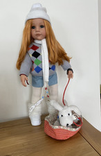 vintage Gotz Hannah doll, ginger hair, with dog in matching jumpers/scarf
