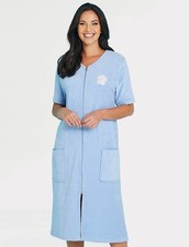 Zip Through Short Sleeve Embroidered Terry Towelling Dress, Blue, UK12/14