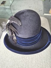 Herbert Johnson 1990s 100%  Rabbit Fur Hat feathers navy velvet trim size M