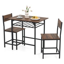 3-Piece Wood Rectangular Table & Chair Set w/ Metal Frame & Storage Rack Coffee