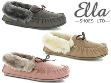 Ladies Mocassin Slippers Ella Memory Foam Faux Fur Cosy Outdoor Sole Slip Ons