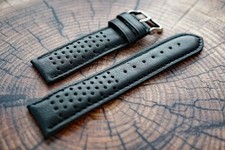 Targa Florio Vintage Racing Style Perforated 22mm Black Leather Watch Strap