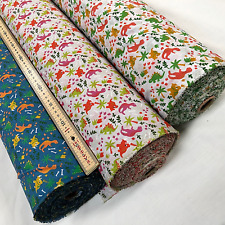 PolyCotton Fabric Dinosaurs Trees & Bones in Silver White & Blue 45" Wide