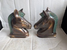 Vintage Metal Bronze Patina Horse Head Heavy Book Ends Turquoise Manes VGC