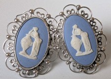 Vintage Wedgwood Sterling Silver Jasperware Blue Cameo Screw Back Earrings