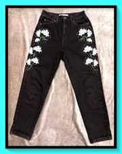 Ladies Topshop Moto Mom Embroidered & Diamante Black Denim Jeans 26" Waist Small