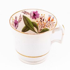 Antique English Porcelain Coffee Cup Floral Enamel Pink Gilt Early 19th Century