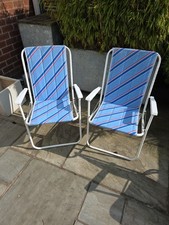 Pair Of Vintage Striped Folding Deck Chairs Camping Blue - White Metal Retro 