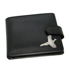 Genuine Black Leather Wallet with a Pewter Pheasant Bird Emblem