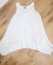 Sarah Santos Made In Italy 100% Linen White Long Lace Detail Tunic Top L