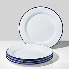 6 x Falconware White Enamel Blue Rim Large Dinner Plates 26cm