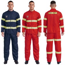 Mens Firefighter Costume Long Sleeve Jacket Pants Helmet Reflective Stripes Set