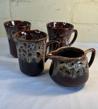 Fosters Kernewek Pottery Mugs  X 3 and Milk Jug Drip Brown Glaze Retro Vintage