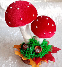 Handcrafted Toadstool Decoration, Velvet Bejewelled Fir cones. Autumn décor