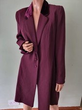 Caroline Charles 12 Burgundy Plum Long Wool Jacket Velvet Collar & Cuffs