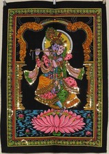 Indian Hindu God Radha Krishna Lotus Sequinned Wall Hanging 43 x 56 cm