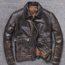 Men's Vintage A2 Bomber AIR Force Style Waxed Tan Brown Real Leather Jacket