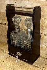 Vintage Double Drop Front Dark Oak Tantalus & Pair Crystal Cut Glass Decanters