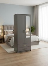 Double Wardrobe with Drawers & Mirror Grey  Fully Assembled | Bedroom Furniture
