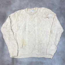 Vintage Arran Knit Sweater Womens Large Cable Hand Knitted Wool Jumper, Cream