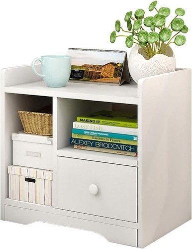 White wooden bedside table - bedside,