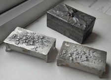 2 Antique Metal Hairpin & Stud Boxes & 1 Pewter Arts & Crafts Box