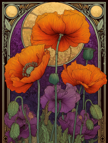 Art nouveau orange poppies - nouveau,