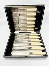 VINTAGE WALKER & HALL SHEFFIELD FISH KNIFE FORK CUTLERY SET STERLING COLLARS