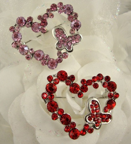 Silver tone pink red heart - red,
