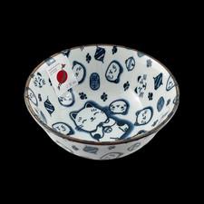 New Japanese Porcelain Ramen Noodles / Soup Bowl Fortune Lucky Charm Cat Pattern
