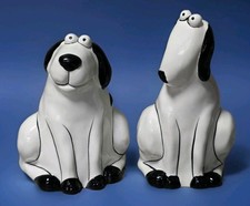 Set Of 2 Floppy Dog Salt & Pepper Shakers, White-Black Ceramic Dogs Figurines