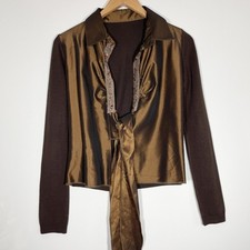 Italian Wrap Around Top Silky Knit Sequin Vintage Tie Wool Blend Cardi Brown M