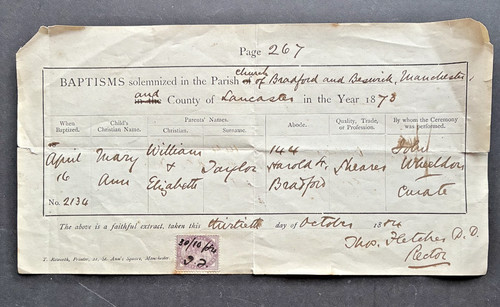 1884 baptism extract church - baptism,