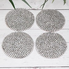 4 x Silver Metallic Glass Beaded Drinks Mats Tea Coffee Round Table Coasters Set