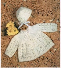   BABY KNITTING PATTERN for lovely matinee jacket and bonnet ..  17/19 in chest