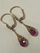 FINE VINTAGE EARRINGS DANGLE 585 GOLD WITH RUBIES