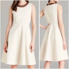 Kate Spade Havana Dress Size 12 A-Line Cream Leather Trim Cotton Blend Pockets
