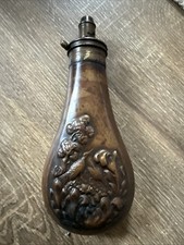 Vintage Copper And Brass Powder Flask Embossed With Birds And Trees Patent