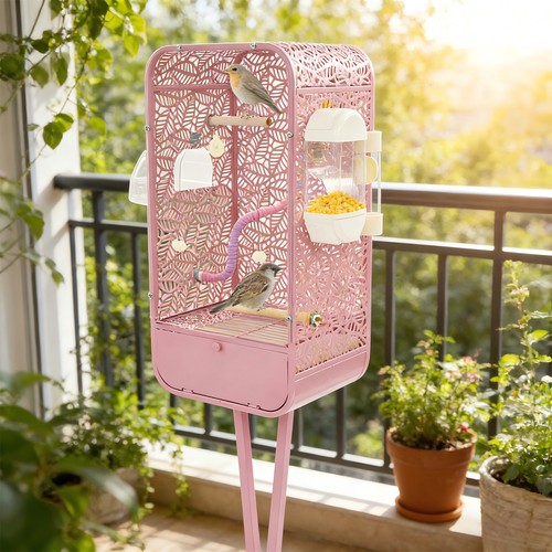Pink iron bird cage with - bird,