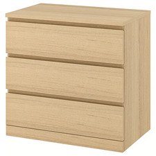 IKEA MALM 3 Drawer Dresser White Stained Oak Veneer Bedroom Storage 80x78 cm