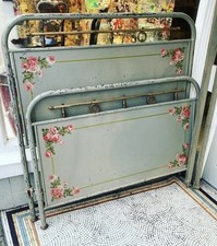Antique French Steel And Brass Bed With Hand Painted Floral Detail UK Del