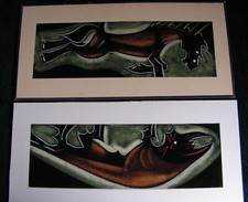 TWO SURREALALISTIC PAINTING ON FELT OF A PRANCING HORSE AND A WHALE (?).