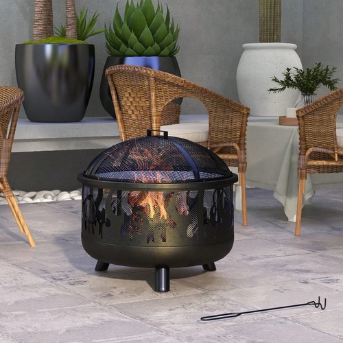 Round steel fire pit bbq - fire, grill