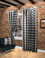 Pair of Eyelet Lined Curtains Tartan Checked Stripe Ready Made Black Red Natural