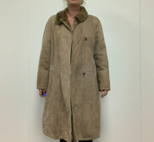 100% Genuine Vintage Khaki Brown Sheepskin Suede Shearling Trench Coat UK 14