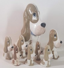 Eight Vintage 60s Szeiler Studio Hand Painted Pottery Sad Sam Bassett Hound Dogs